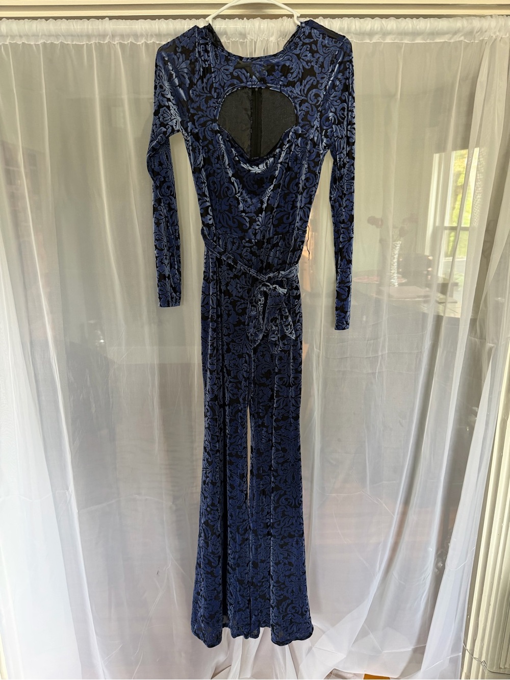 bebe Dark Purple Velvet Long-Sleeve Jumpsuit with Heart Back Cutout